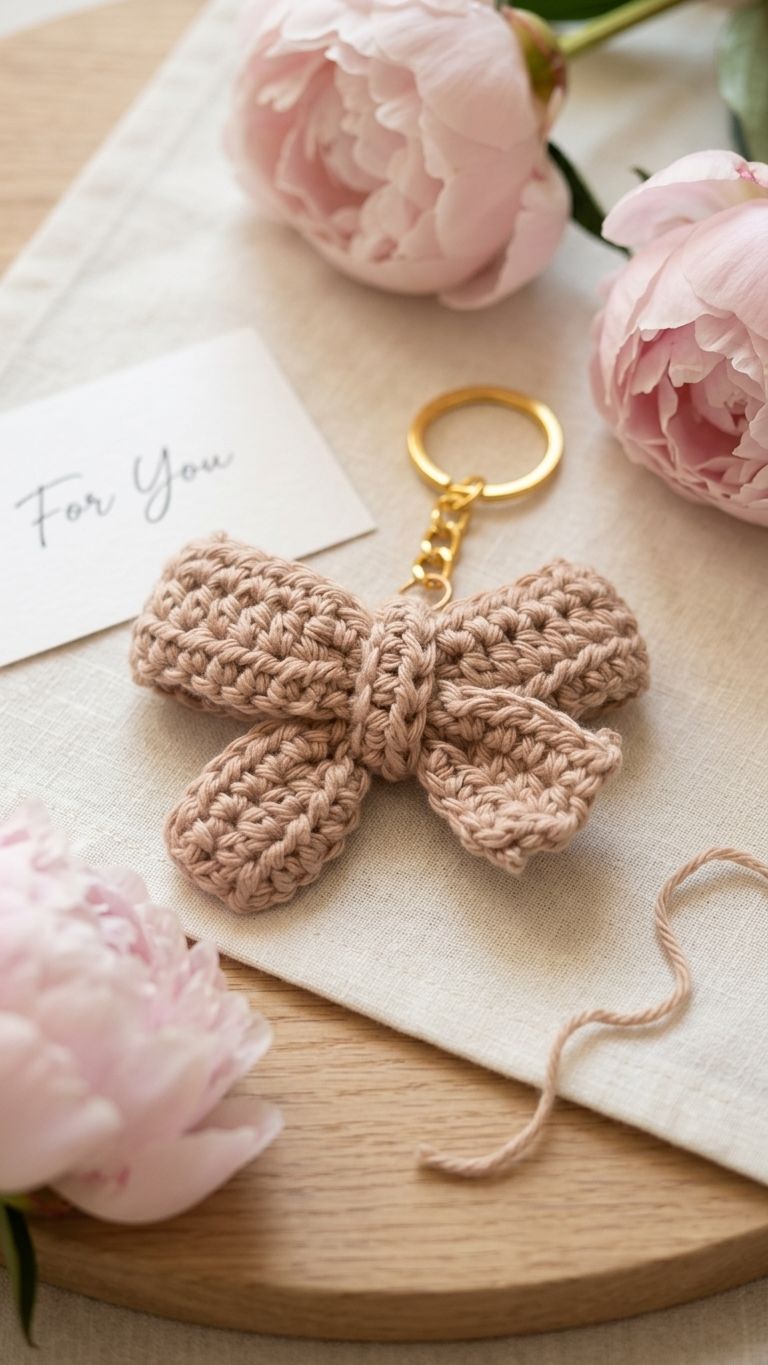 Beige bow keychain alternate view